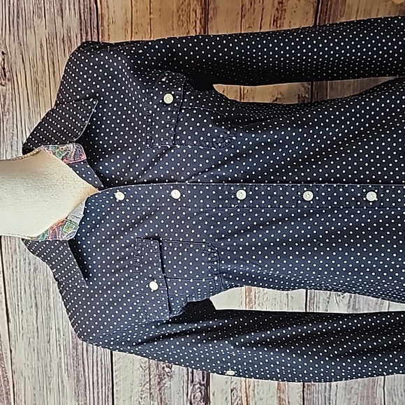 TOMMY HILFIGER NAVY WHITE POLKA DOT LONG ROLL-TAB SLEEVE BUTTON-UP BLOUSE - Picture 2 of 16